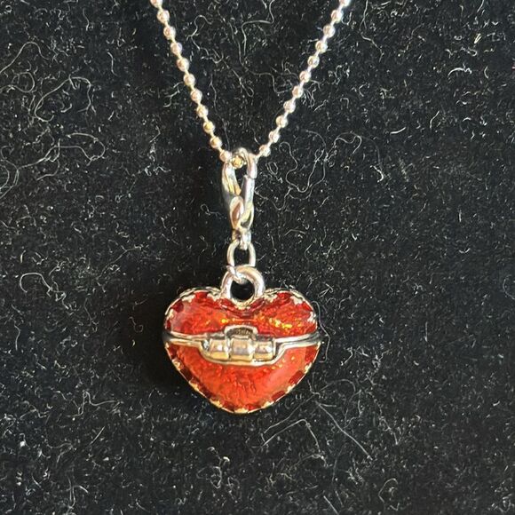 Silver Tone Red/Orange Enamel Heart Locket Storage Clip On Charm Necklace 15” - Picture 5 of 5